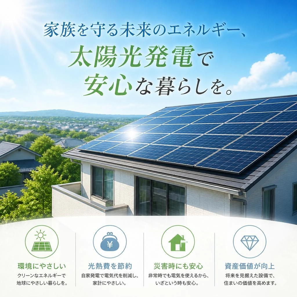 家族を守る未来のエネルギー、太陽光発電で安心な暮らしを。